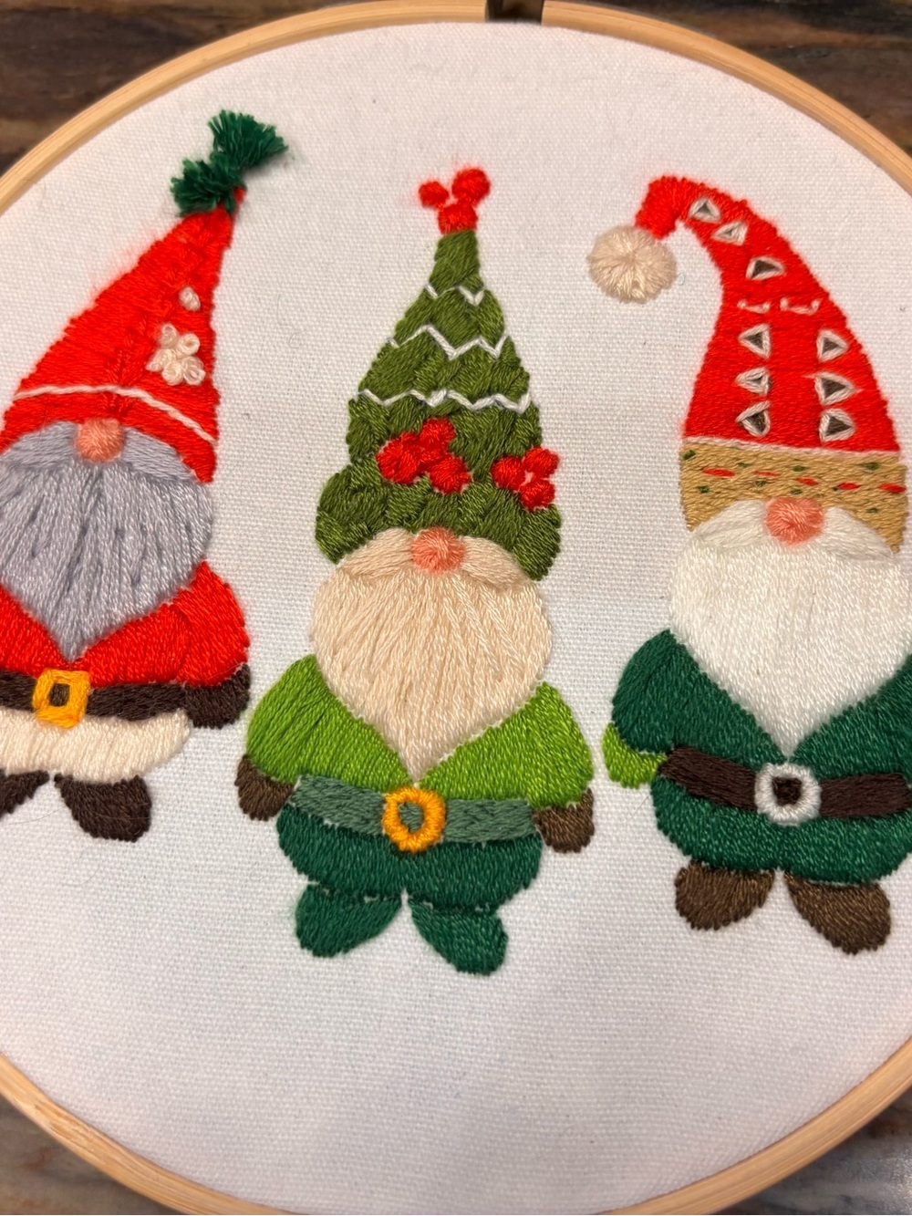 Hand-Embroidered 5” Holiday Gnome Trio Wall Hoop in Green & Red